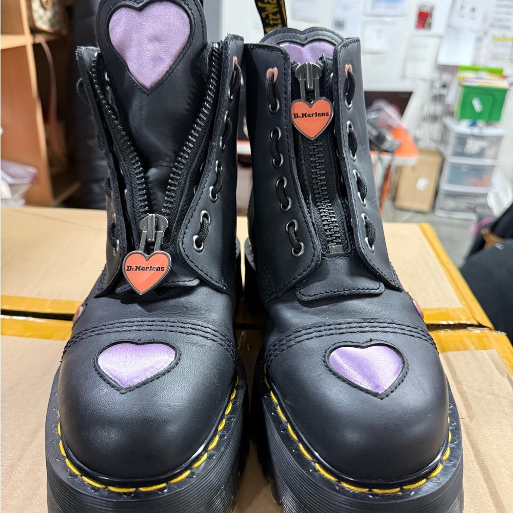 Dr. Martens Black Leather Platform Boots with Pink Heart Accents - Picture 2 of 5